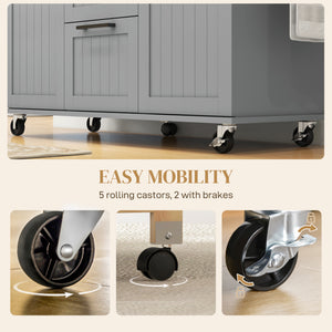 Kitchen trolley on wheels with flap, 3 drawers, solid wood top and towel rail