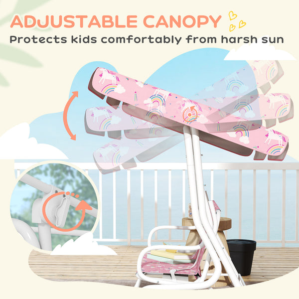 Qaba Kids Porch Swing, 2-Seater Patio Swing Bench with Safety Belts, Adjustable Canopy for Backyard, Garden, Pink