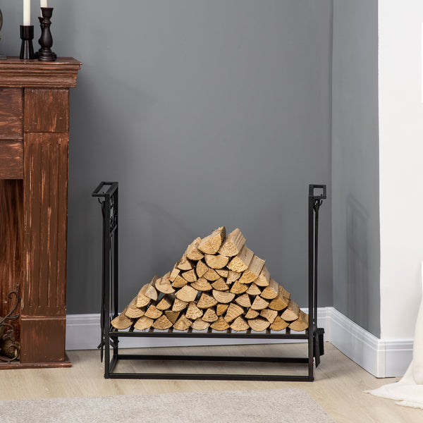 Firewood rack with 4 fireplace tools and raised base – Black