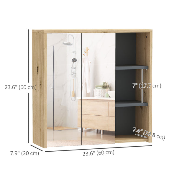 Wall-mounted bathroom cabinet with mirror and 5 storage compartments – Natural wood effect