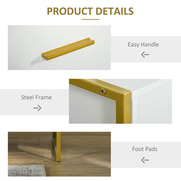 Set of 2 modern bedside tables with drawer and shelf, white and gold