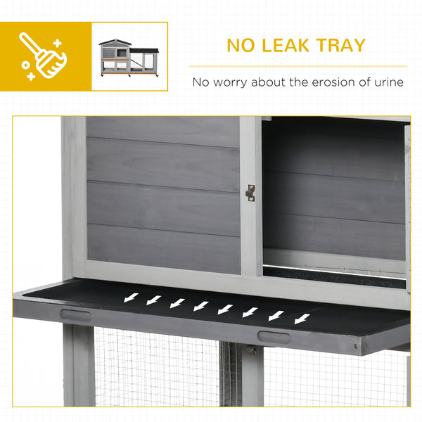 Wooden hutch with wheels, enclosure, tray and ramp, light gray