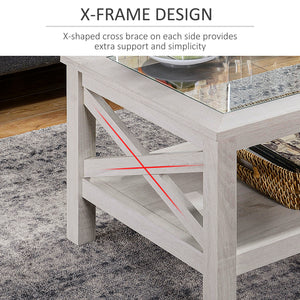 Farmhouse Style Coffee Table with Tempered Glass Top, White Oak