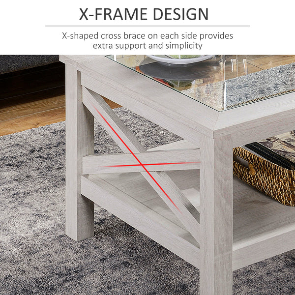 Farmhouse Style Coffee Table with Tempered Glass Top, White Oak