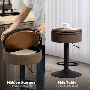 Set of 2 swivel bar stools with storage, faux leather upholstery, footrest, steel base, brown