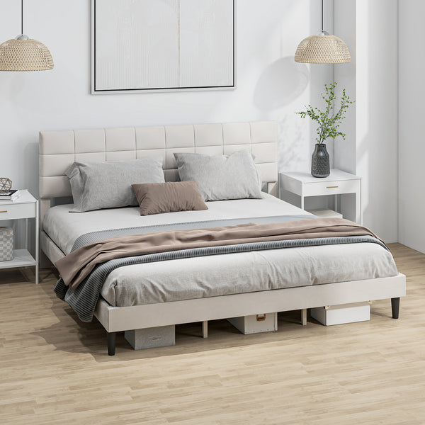 King size bed frame with upholstered headboard with wooden slats, cream color