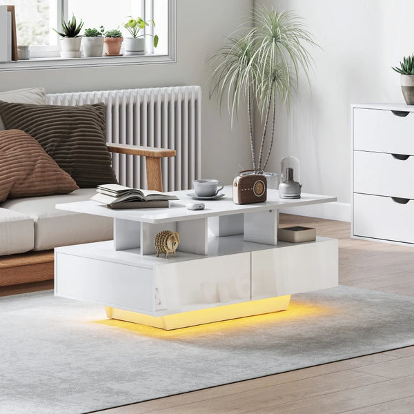 Coffee table with RGB LED lighting and 4 drawers, glossy white
