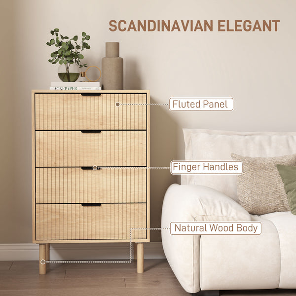 Chest of drawers with 4 drawers, fluted panels and solid wood legs, oak color