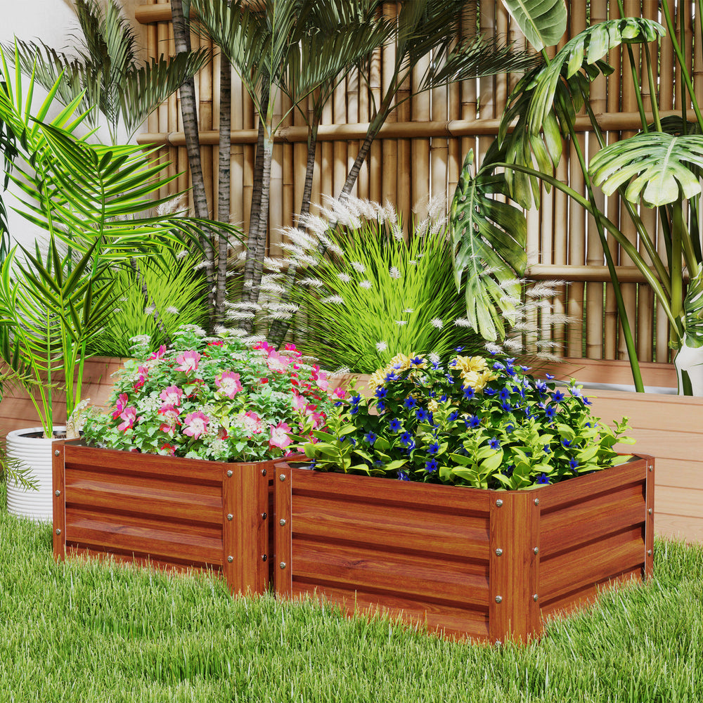 Raised vegetable garden with galvanized steel frame, dark brown wood look