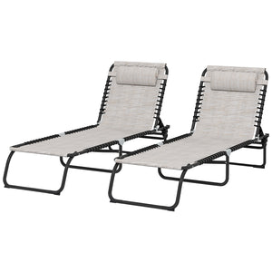 Set of 2 adjustable folding lounge chairs with headrest, cream white