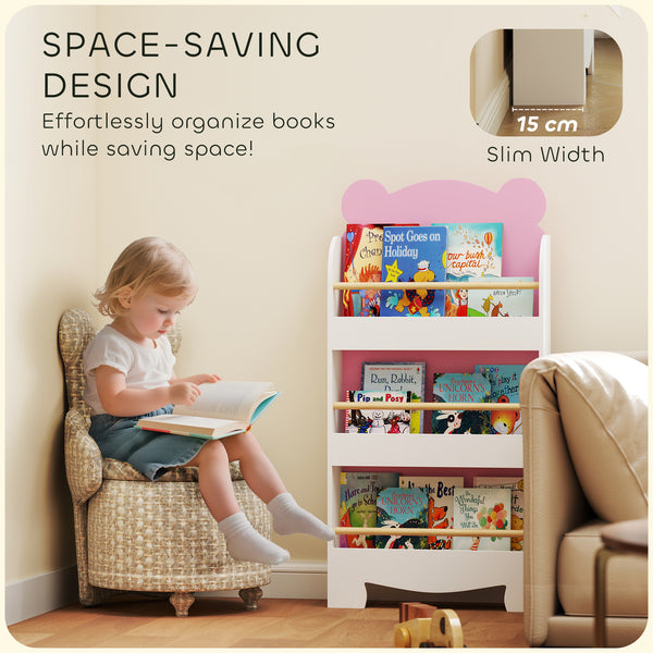 3-tier bookcase, bear motif, with anti-tip device, pink 