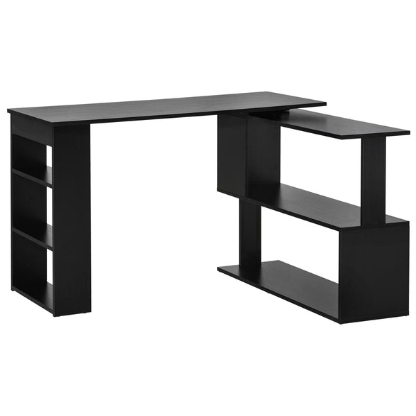 L-shaped corner desk, 360° swivel, with storage shelf, black