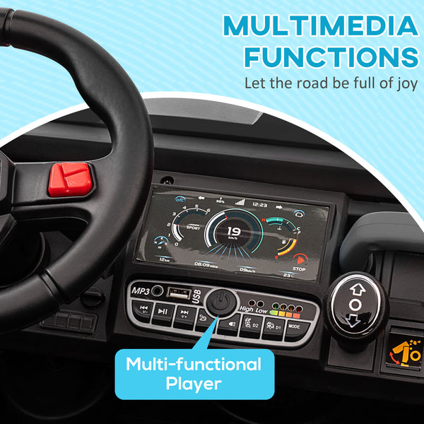 12V car with electric bucket, two seats, shovel, remote control, spring suspension, horn, music, black