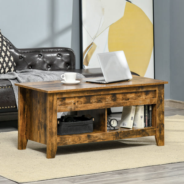 Lift-top coffee table with hidden storage compartment and open shelves, brown