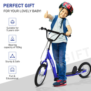Scooter with adjustable handlebars, double brakes, inflatable wheels, dark blue