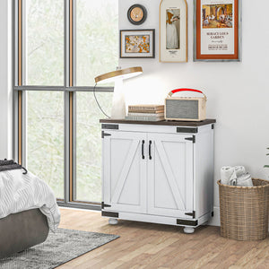 Storage Sideboard with Barn-Style Sliding Door and Adjustable Shelves, White and Brown