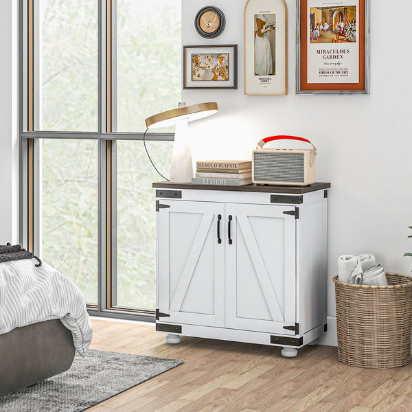 Storage Sideboard with Barn-Style Sliding Door and Adjustable Shelves, White and Brown