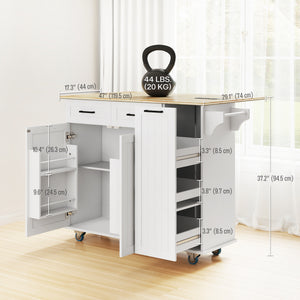 White mobile kitchen island with fold-down countertop, electrical outlets and storage