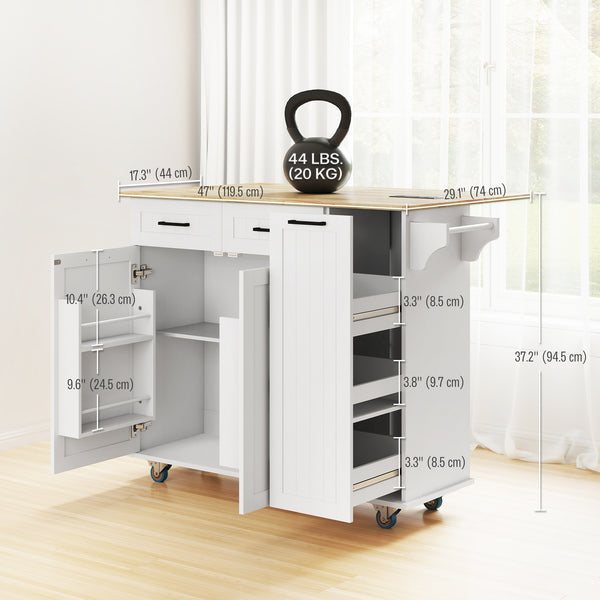 White mobile kitchen island with fold-down countertop, electrical outlets and storage