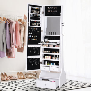 Freestanding jewelry cabinet with LED lighting, full-length mirror, adjustable angle, white