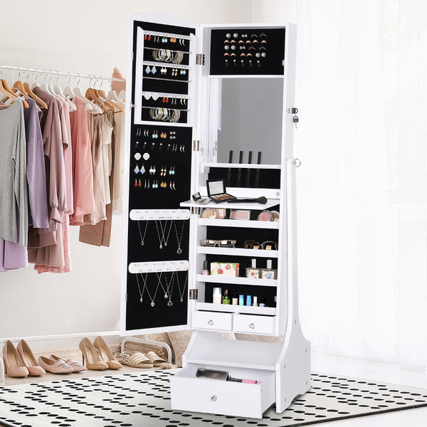 Freestanding jewelry cabinet with LED lighting, full-length mirror, adjustable angle, white