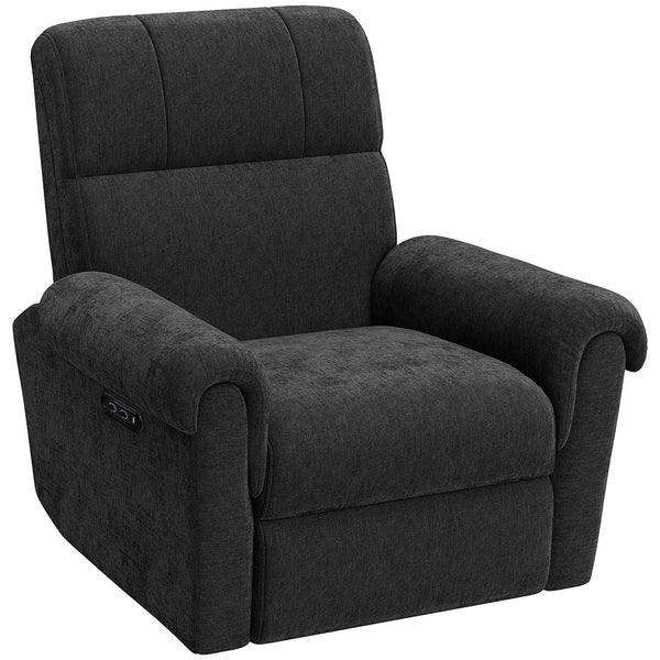 Electric reclining chair, fabric upholstery, USB ports, swivel and rocking function, footrest, black