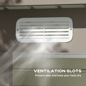 Galvanized metal garden shed with double doors and 2 vents, light grey