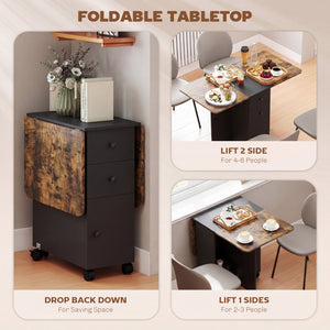 Drop-leaf dining table on casters with drawers and cupboard, rustic brown and black.