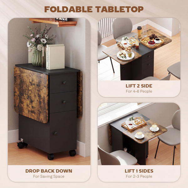 Drop-leaf dining table on casters with drawers and cupboard, rustic brown and black.