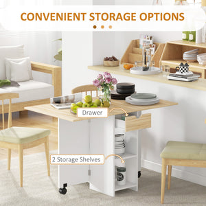 Folding dining table with drawer and storage shelves, oak 
