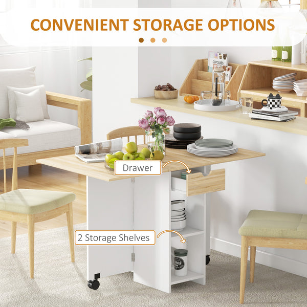 Folding dining table with drawer and storage shelves, oak 
