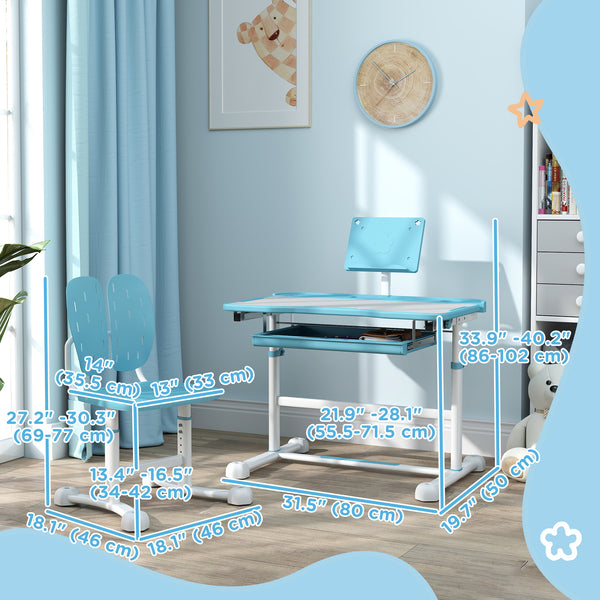 Height Adjustable Kids Desk and Chair Set with Tilting Top, Blue