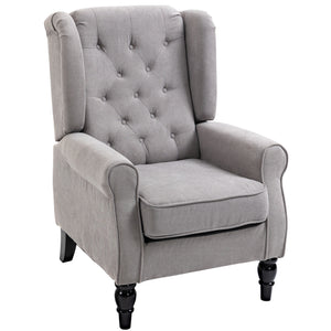 Modern fabric upholstered accent chair with wooden legs and rolled arms, gray