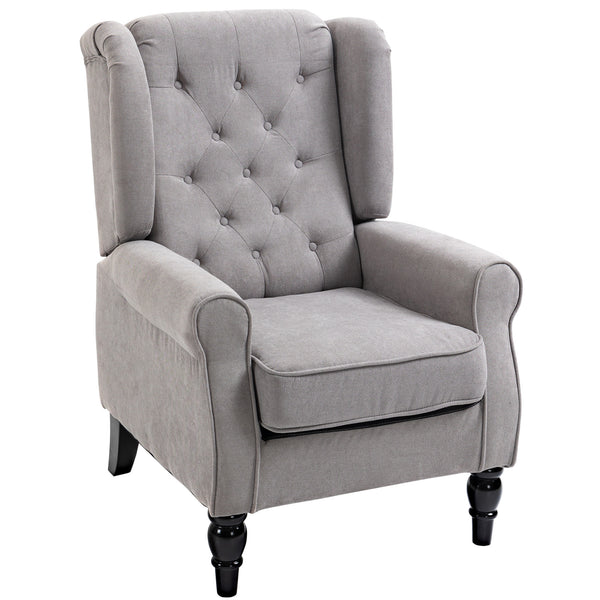Modern fabric upholstered accent chair with wooden legs and rolled arms, gray