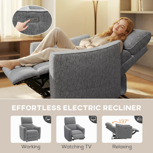 Electric reclining armchair, linen-look fabric upholstery, USB ports, footrest, dark grey
