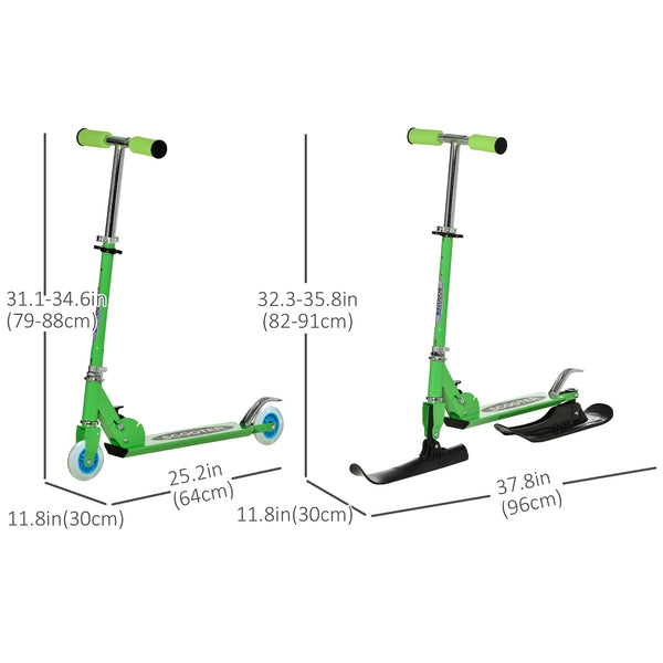 2-in-1 convertible scooter with wheels and snow, green