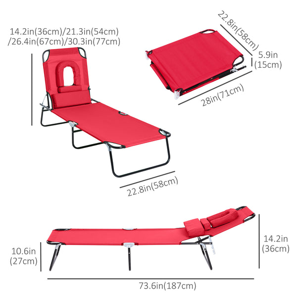 Adjustable Outdoor Lounge Chair, Garden Folding Chaise Lounge with Face Hole Reclining Tanning Chair Seat, Folding Camping Beach Lounging Bed w/ Support Pillow, Red