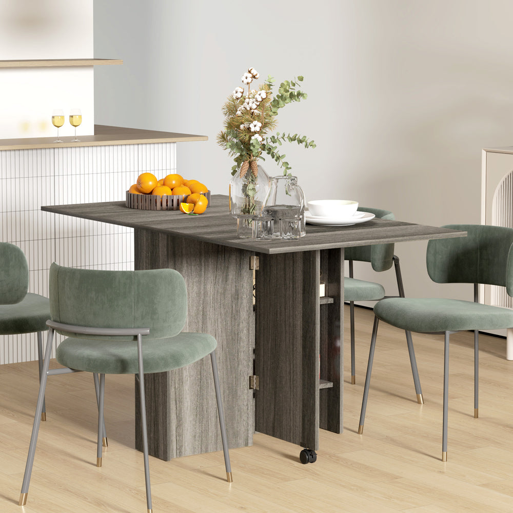 Folding collapsible table with 2-tier shelves and wheels, grey wood look
