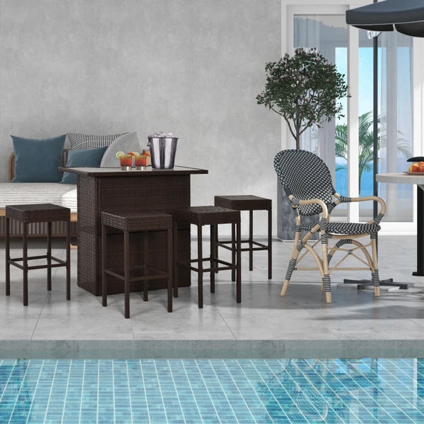 5-piece outdoor bar set in woven PE rattan, dark brown