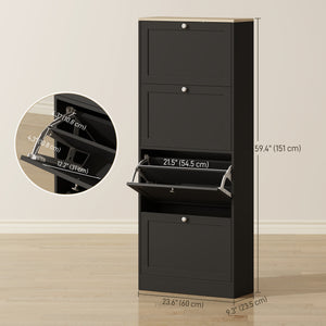 Modern shoe cabinet with 4 hinged drawers and adjustable shelves, for 18 to 24 pairs of shoes, black