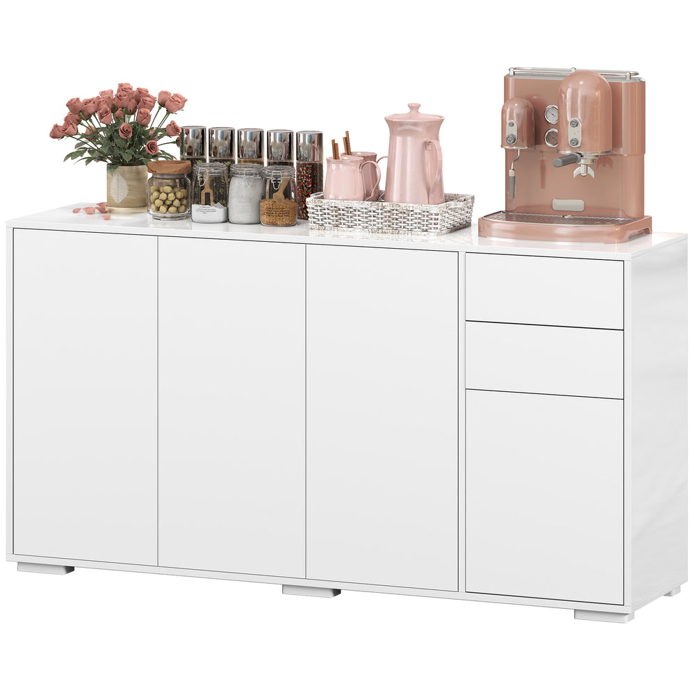 Modern kitchen buffet with push-to-open mechanism, 2 drawers, and shelves, white.