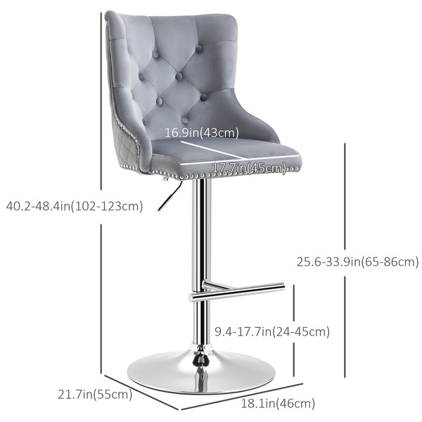 Set of 2 modern adjustable bar stools in velvet, grey