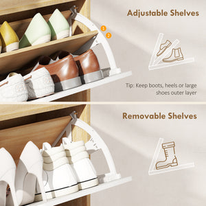 Narrow shoe cabinet for 16 pairs of shoes with 4 hinged drawers and adjustable shelves, natural color