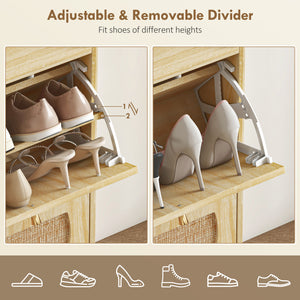 Shoe cabinet with 4 folding drawers with rattan doors and adjustable shelves, capacity of 16 pairs, natural color