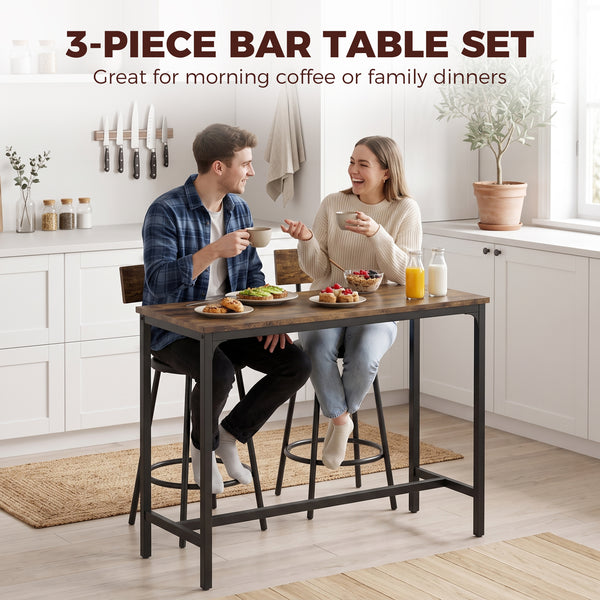 Bar table with 2 upholstered stools, rustic brown
