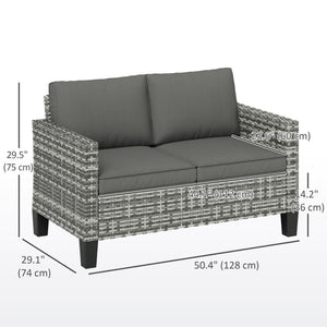 Two-seater outdoor rattan sofa with cushions and armrests, dark grey