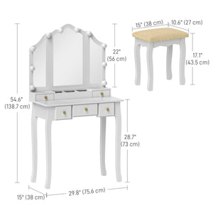 Dressing table with stool, 10 LED lights, 5 drawers and 3 compartments, white