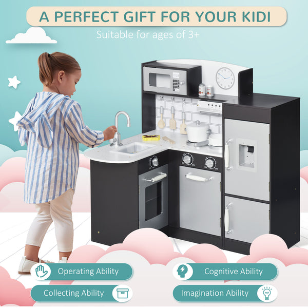 Kids' Kitchen with Water Fountain, Microwave and Accessories, Dark Brown