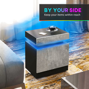 Bedside table with LED lighting and 2 drawers, cement gray