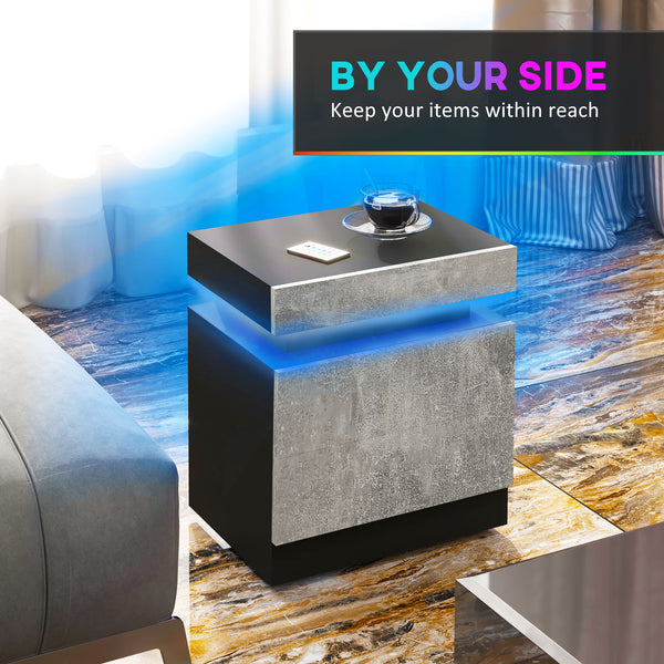 Bedside table with LED lighting and 2 drawers, cement gray